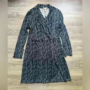 NEW H Halston Blue Print Long Sleeve Faux Wrap Midi Dress Size M Career Work